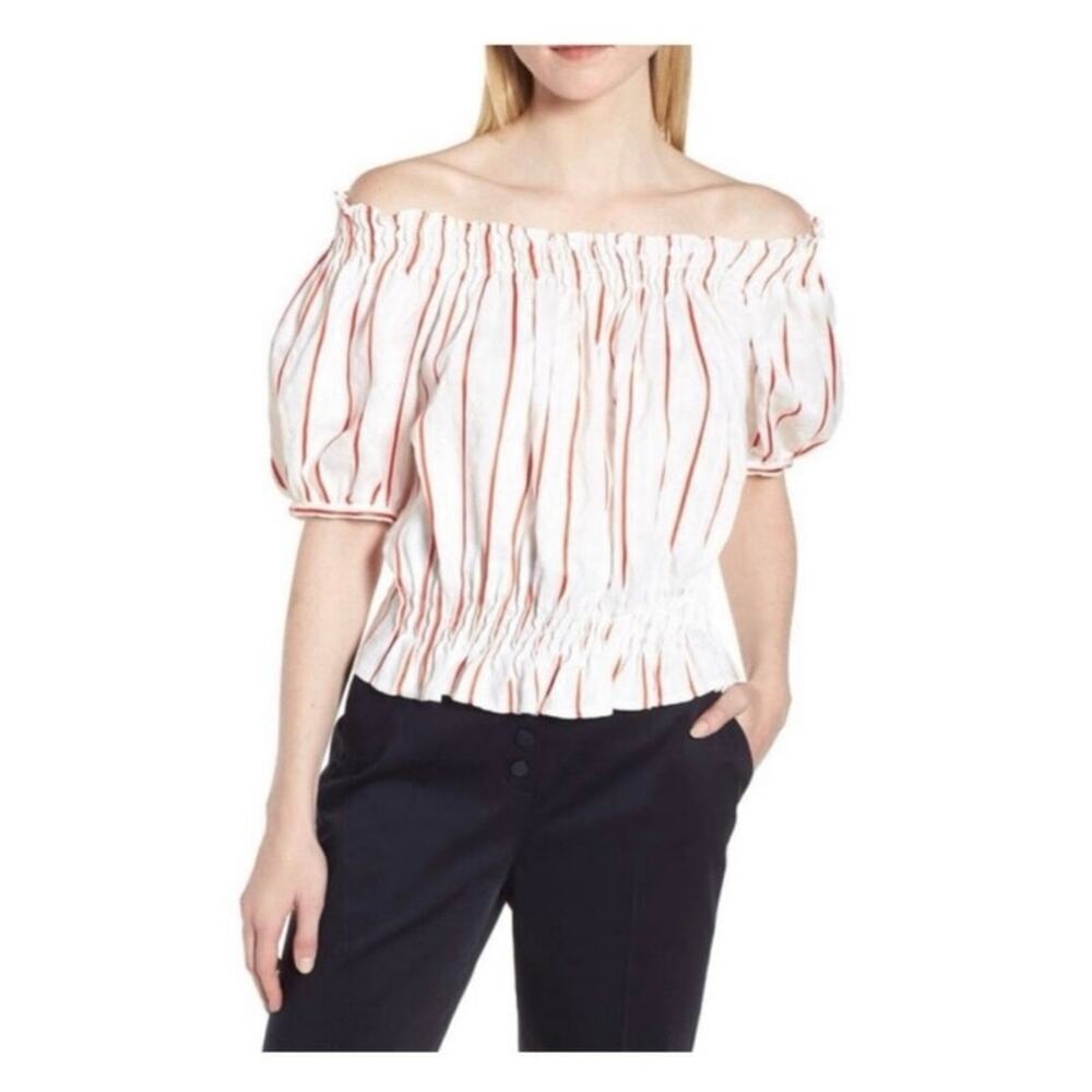 Lewit Linen Viscose White & Red Striped Puff Sleeve Peplum Summer  Top Large